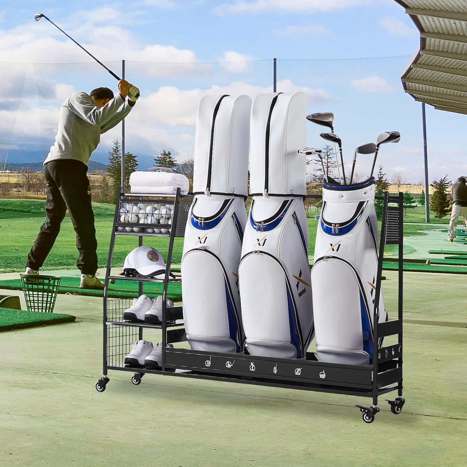 Lauren&Harold Golf Bag Organizer Garage Storage, Golf Storage Rack Stand Fits 2 Golf Bags, Golf Clubs and Other Golfing Equipment Accessories, Golf Organizer for Garage, Club, Shed, Basement