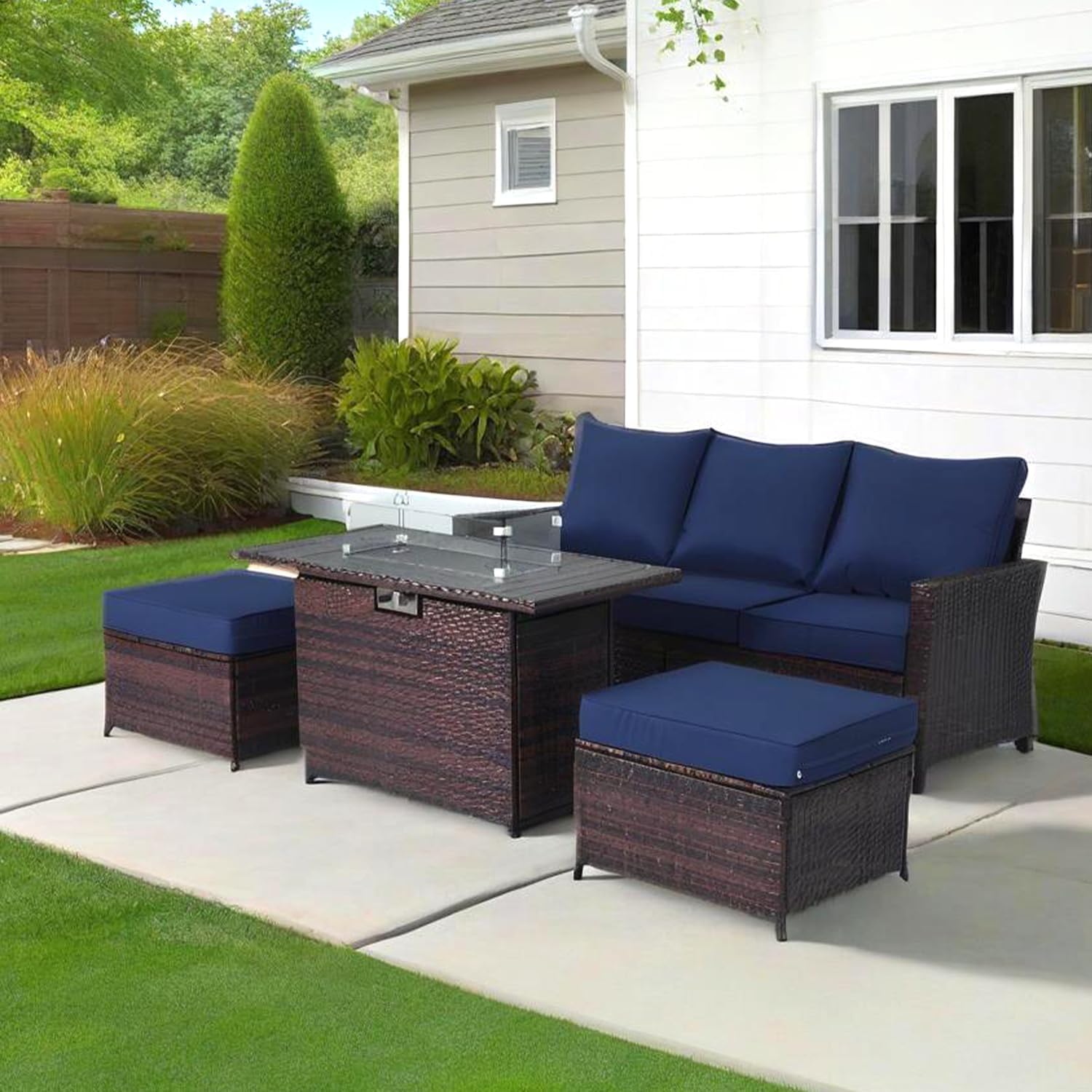 Home Novi Rattan 52-Inch Propane Fire Pit Table - 50,000 BTU, CSA Certified, Wind Guard, Fire Glass, Coffee-Colored - Durable, Safe, & Eco-Friendly Outdoor Heating Solution Grey