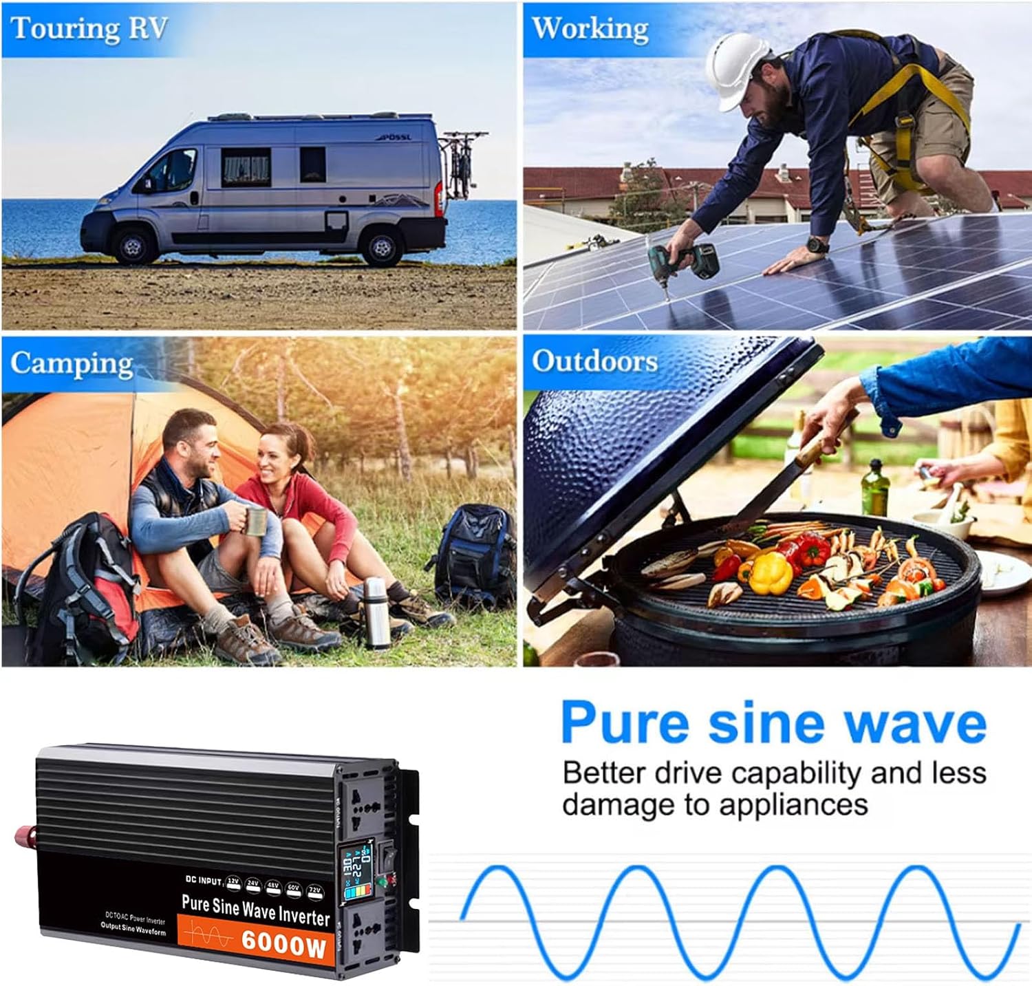 24V to110V 60HZ,Pure Sine Wave Inverter 6000W, Car Power Inverter DC 12V 24V 48V 60V 72V to AC 110V/220V 2AC Outlets for Hurricanes, Power Outages, Dc 72V,AC 220V 60Hz