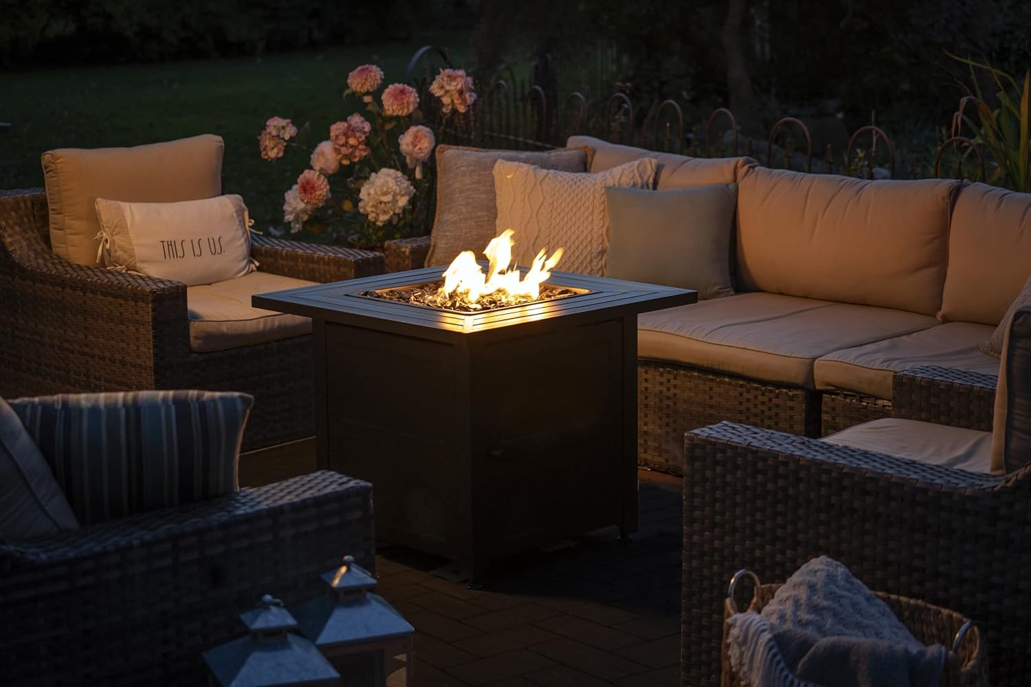 Endless Summer 30 Inch Square 30,000 BTU Propane Gas Outdoor Fire Pit Table with Steel Mantel, Slate Finish, Black Fire Glass, and Protective Cover