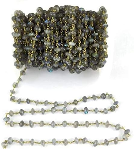 JEWELZ 1 feet labradorite smooth rondelle rosary beaded chain 24k gold plated 3.5-4mm