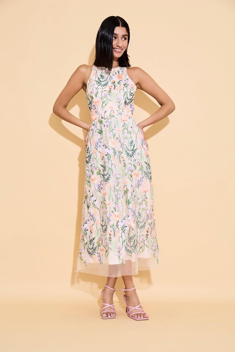 Maggy London Women's Dresses Floral Embroidered Halter Neck Midi Dress with Back V-Neck