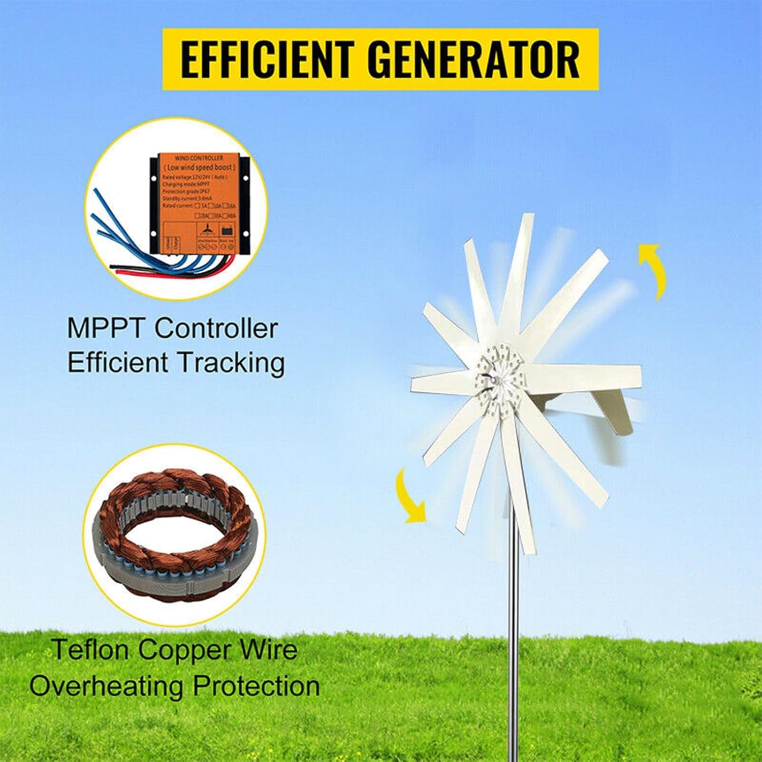 1500W Horizontal Axis Wind Turbine 12V/24V Eight-Blade Wind Turbine Power Supply System Household Small Wind and Solar Hybrid System (Color : Orange, Size : 24V)