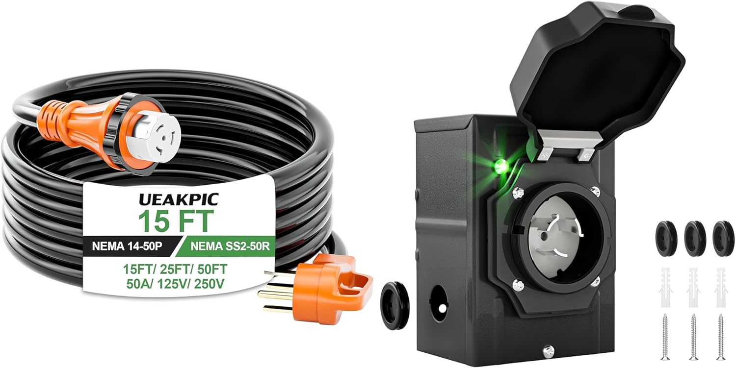 50 Amp Generator Extension Cord 15 Ft- Rated for 250V /12500W+50 Amp Generator Inlet Box with Green Safety Light