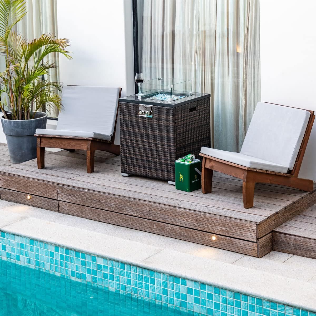 40,000 BTU Outdoor Propane Fire Pit Table with Auto-Ignition - Tempered Glass Wind Guard, Marble Tile Surface, Mixed-Color Fire Glass Rocks & Weather-Resistant Brown PE Rattan