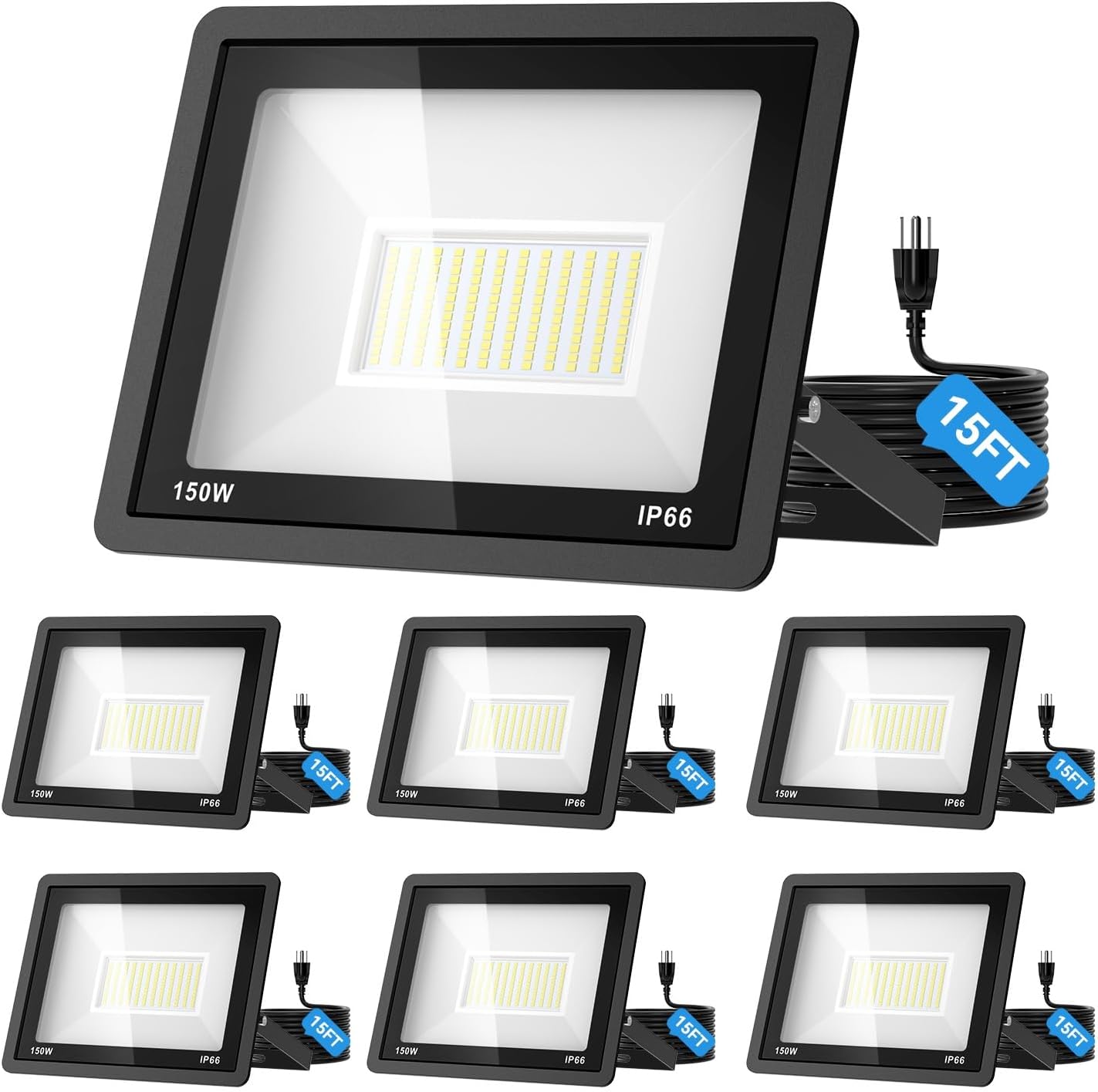 AIKVSXER 150W Flood Lights Outdoor, 21000lm Bright LED Work Light with 15FT Plug, 6000K Daylight White Exterior Security Light, IP66 Waterproof Floodlight for Yard Garage Stadium Lawn (150W-6 Pack)