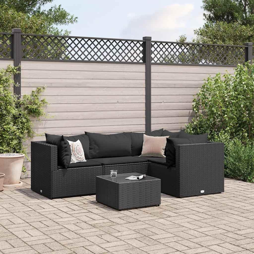 5 Piece Patio Lounge Set with Cushions Black Poly Rattan Garden Furniture