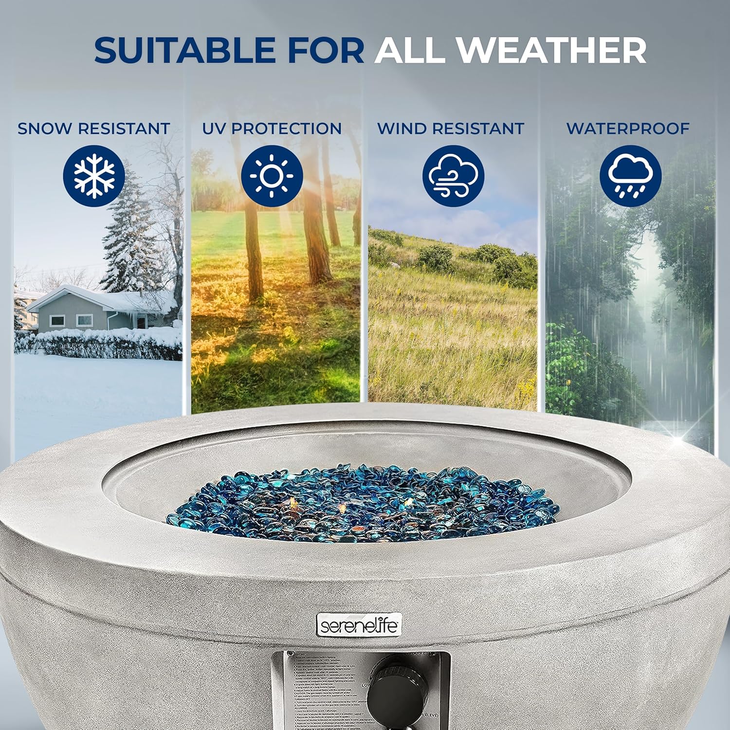 SereneLife 40,000 BTU Propane Fire Pit Table, Round Gas Fire Table with Adjustable Flame Height, Weather Resistant, Blue Glass Rocks, Safe and ETL Certified for Outdoor Use, 30