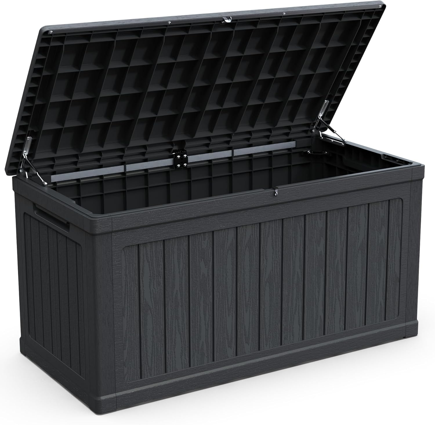 230 Gallon Extra Large Outdoor Storage Deck Box with Lockable Lid, Waterproof Resin Construction, Holds Patio Furniture, Pool Gear, Tools, 440lbs Weight Capacity, Wood-Grain Finish, Black