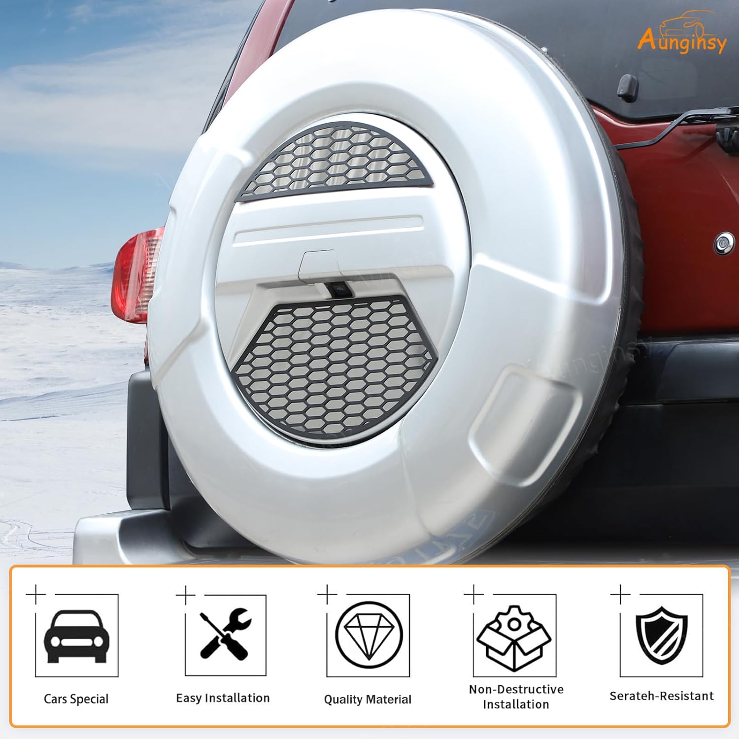 Aunginsy Car Spare Tire Cover Grill Mesh Trim Compatible with Toyota FJ Cruiser 2007-2021 Aluminum Rear Spare Tire Tyre Panel Protective Mesh Cover Decorative Spare Tire Patch Exterior Accessories