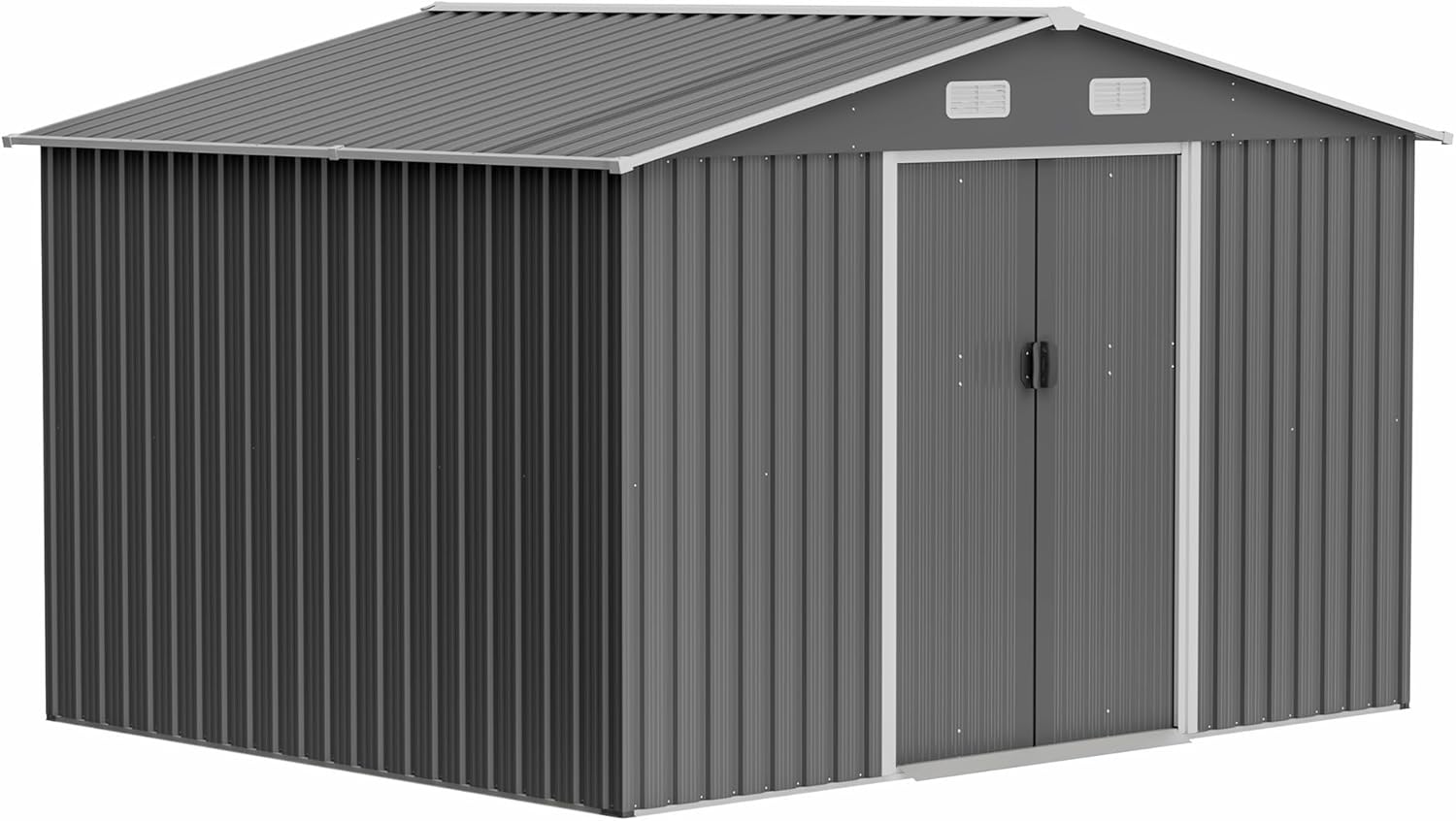 10X8 FT Outdoor Storage Shed, Lockable Metal Garden Shed with Sloped Roof & Air Vents, Tool Shed Tiny House Vertical Outside Storage Building for Backyard, Gray