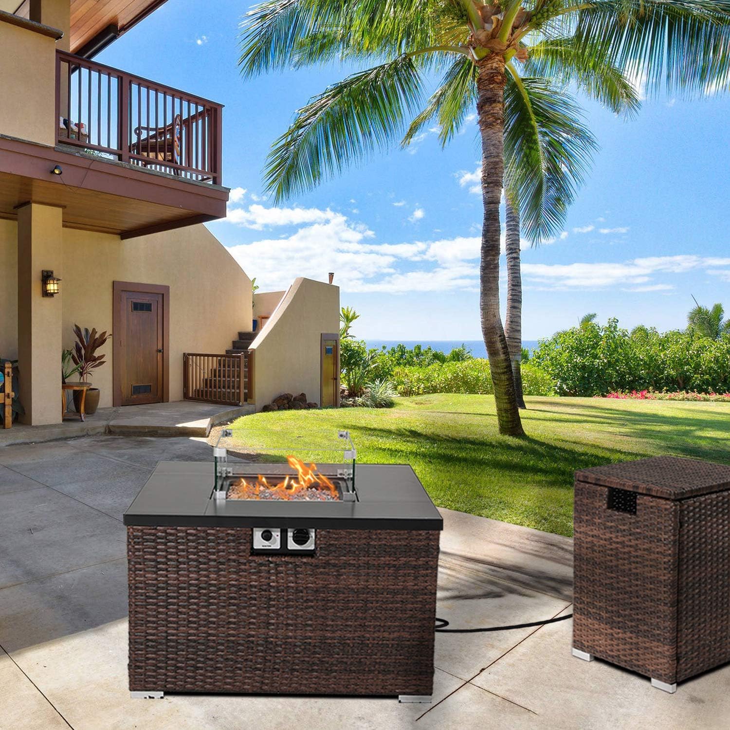 AQUILLA Outdoor Propane Burning Fire Pit w Tank Table, Dark Brown Rattan 40000 BTU, Free Lava Rocks, Waterproof Cover for Garden, Backyard, Poolside