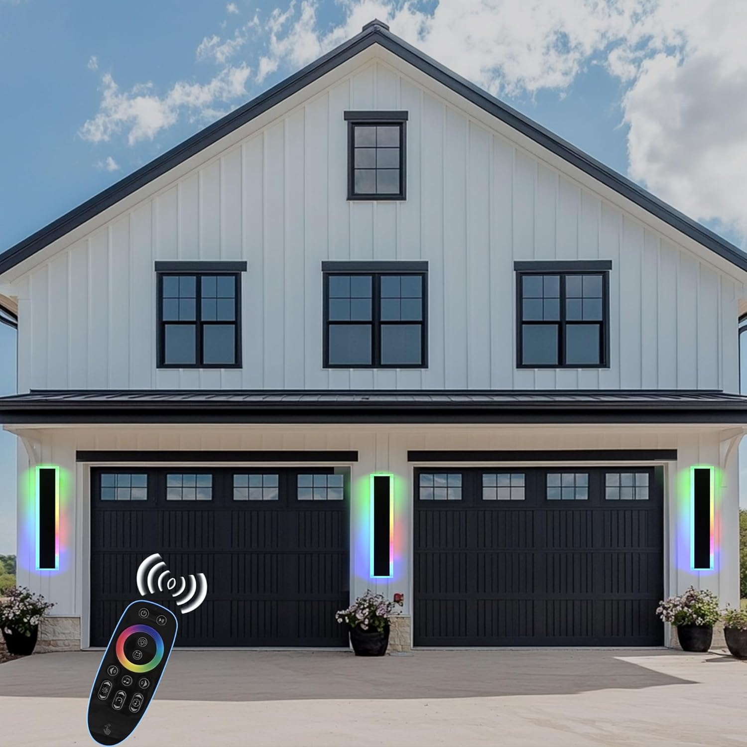 BONLICHT 1 Pack 24in LED Outdoor Wall Lights Modern Black Long Outdoor RGB Wall Sconce IP65 Waterproof Linear Outside Exterior Lighting Fixture for Porch Patio Garden House (Remote Control Included)