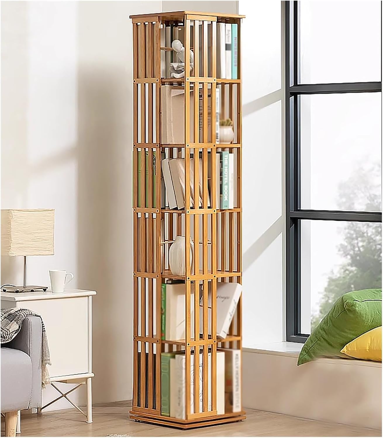 6 Tier Freestanding Books Magazine Documents Organizer Cabinet with Removable Book Stops & Foot Pad, 360 Rotating Bookshelf for Kids & Student, Home Commercial(Wood Color)