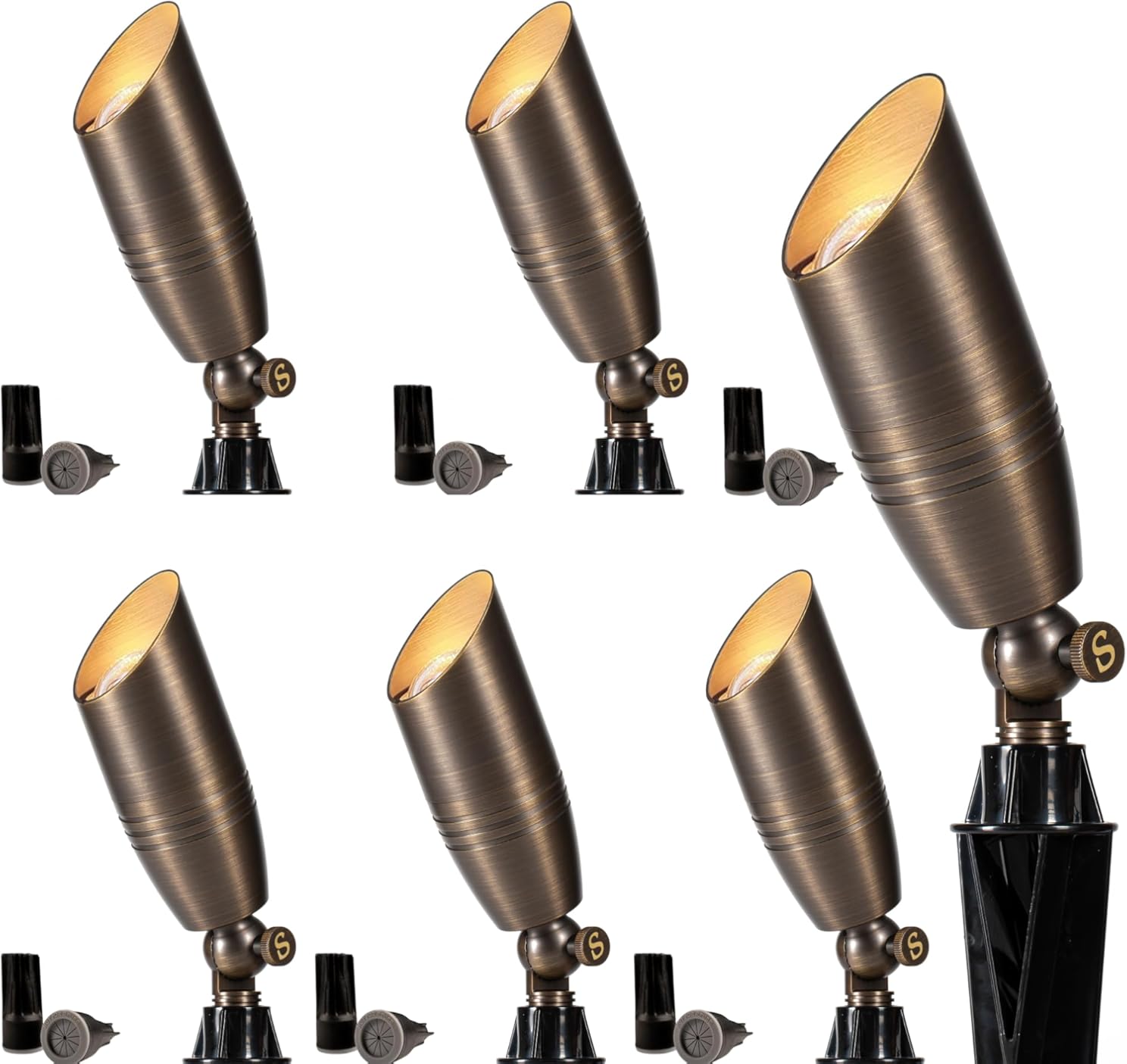 12V Brass Landscape Spotlight, Low Voltage Outdoor Light, IP65 Waterproof, Durable Pathway Uplight for Yard & Garden，6Pack（Bulb NOT Included）