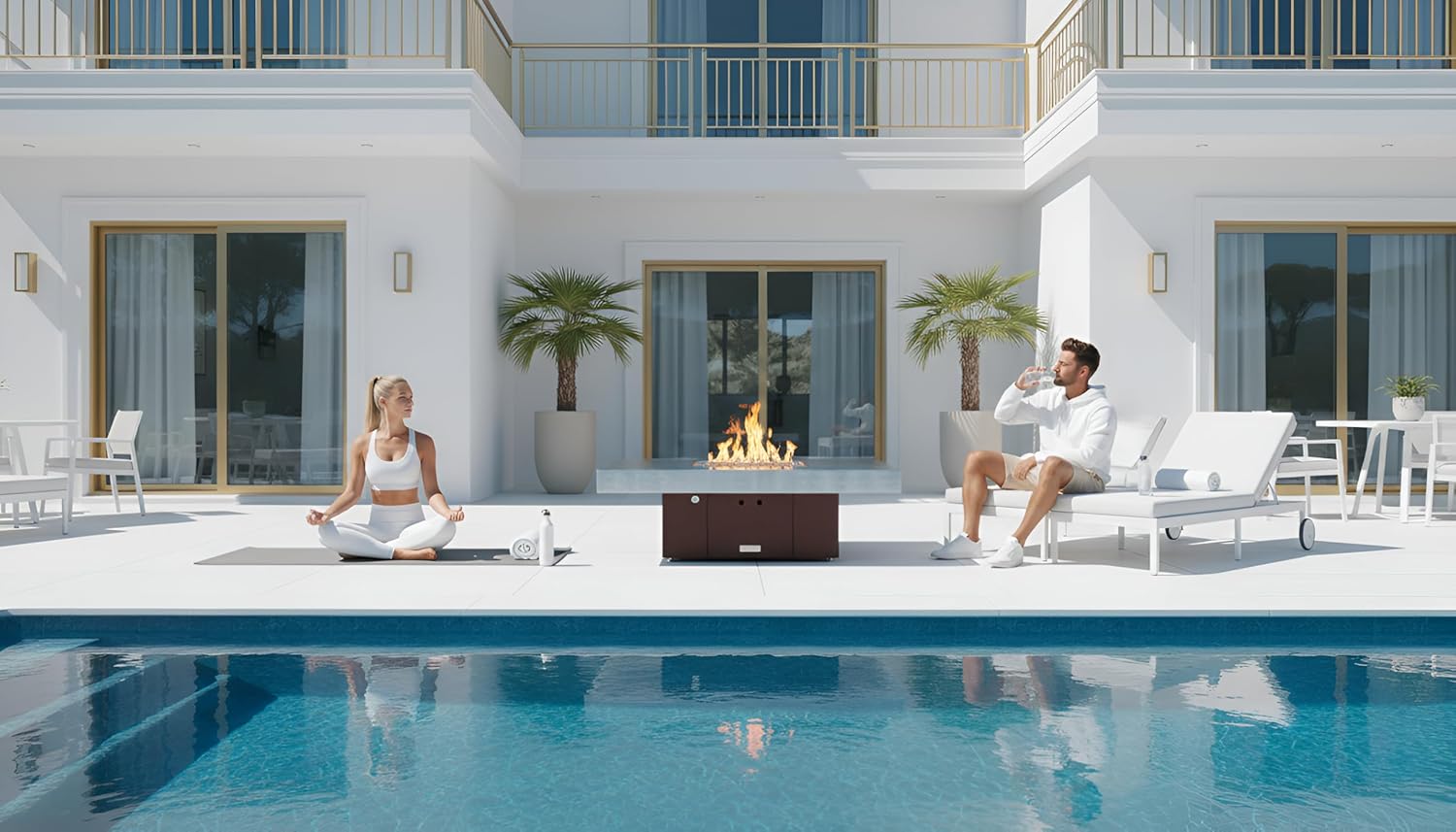 COOKE Santa Barbara Rectangular Fire Pit Table - 48 x 36 - Natural Gas - Brushed Aluminum Top - Dark Cherry Powdercoat Base