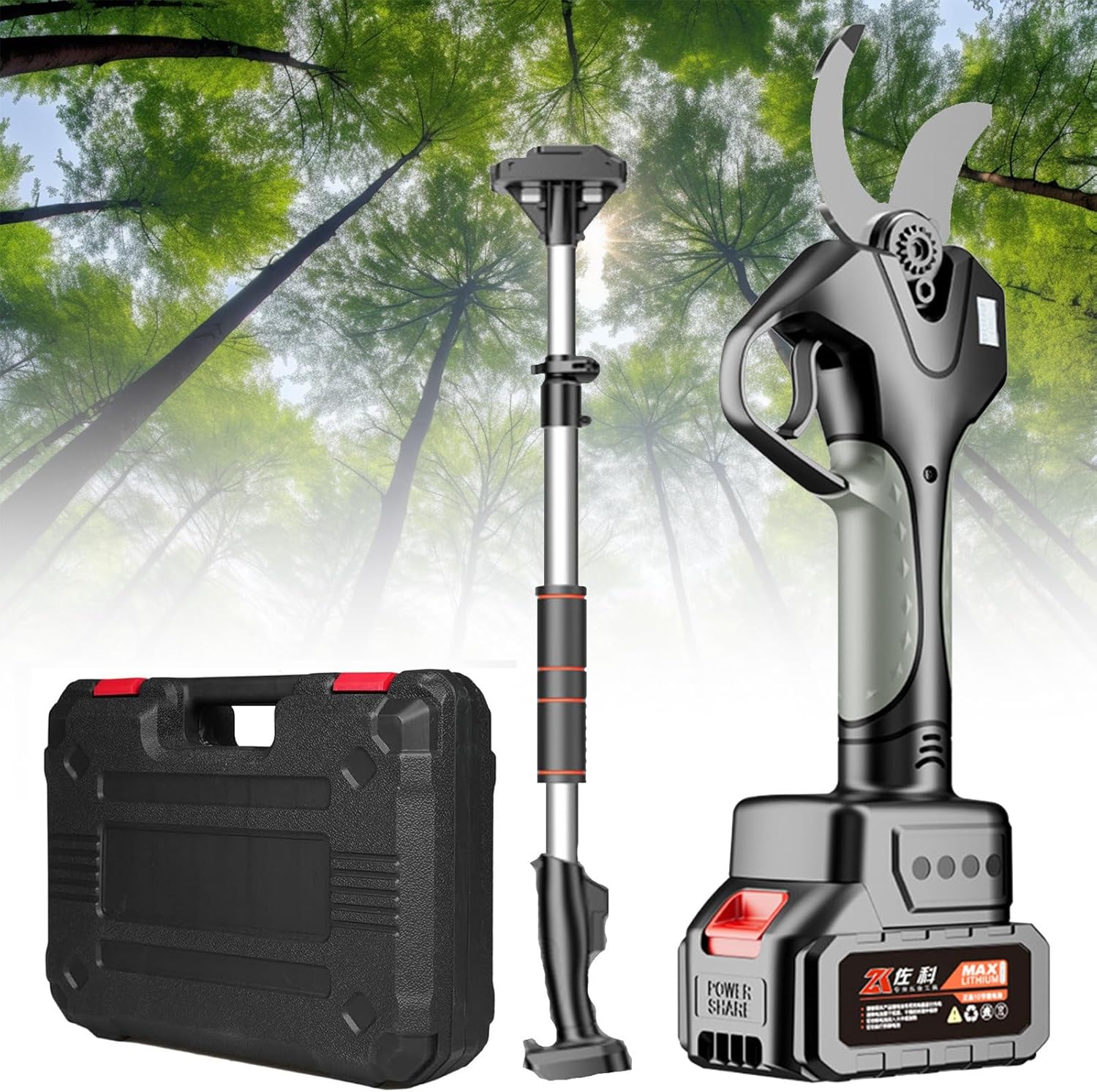 Cordless Electric Pruning Shears, 40mm Rechargeable Secateurs with 2.1m Telescopic Pole, Ideal for Thick Branches, Trees, Shrubs & Fruit Tree Trimming