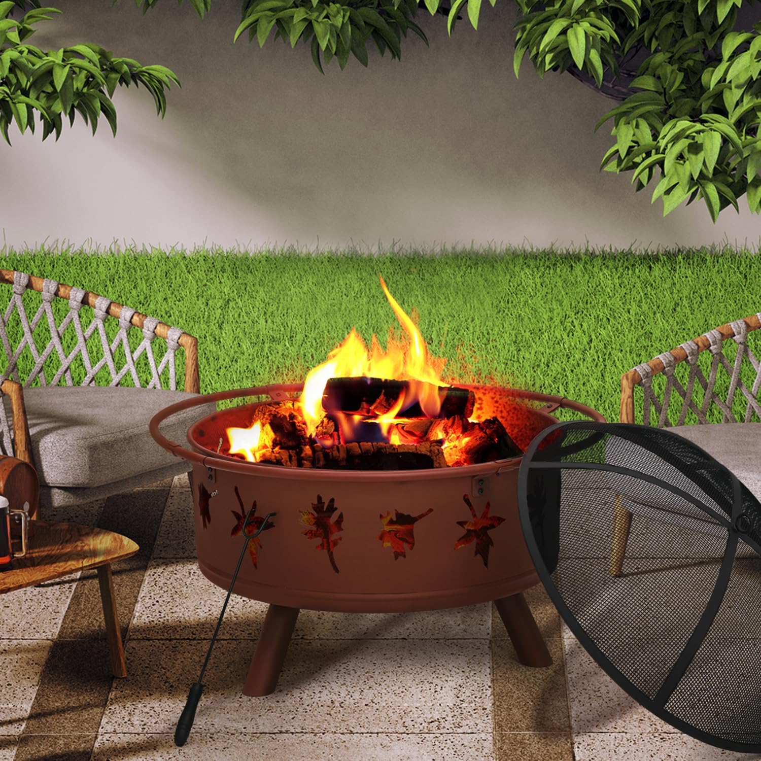 Magshion 32 Inch Fire Pit, Round Wood Burning Outdoor Firepit with Mesh Cover, Fire Poker, Grate, Maple Leaf Cutout Design, for Backyard Bonfire Picnic Party