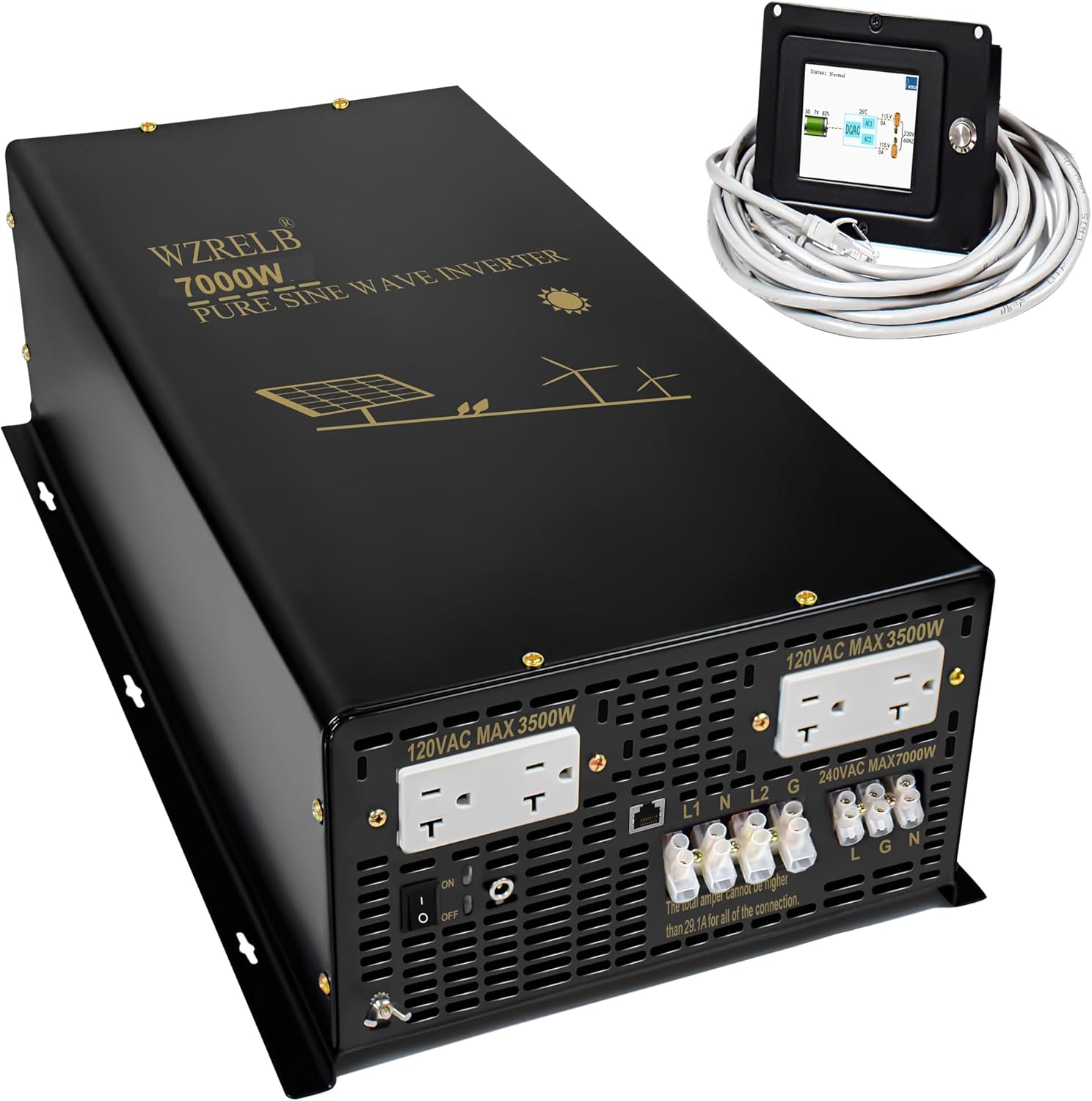WZRELB 7000W 48V Pure Sine Wave Inverter,48 Volt DC to AC 120V 240V Split Phase Power Inverter,15ft LCD Remote Panel,2*AC Hardwire Terminal,High Efficiency up to 91.6%,Off Grid Solar Inverter