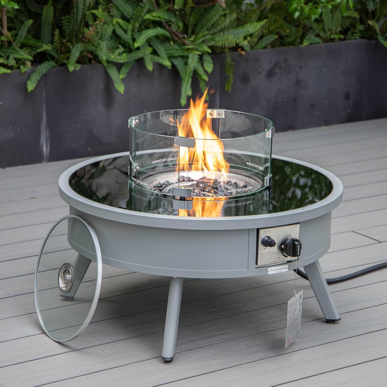 LeisureMod Walbrooke Modern Aluminum 5-Piece Patio Conversation Set with Outdoor Round Firepit Side Table Tank Holder, Charcoal