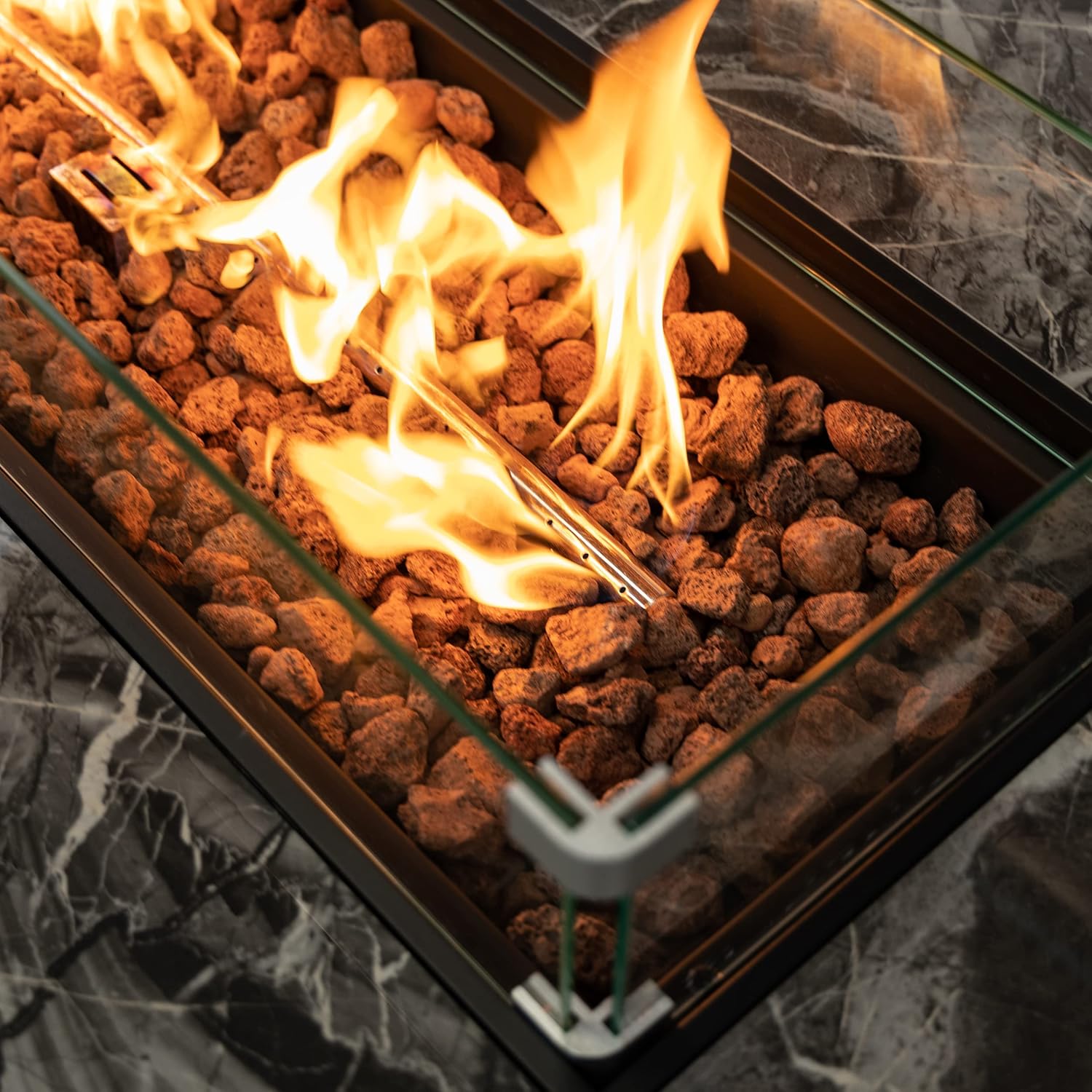 Propane Gas Outdoor Fire Pits Table with Tile Tabletop and Tempered Glass Around, 52 Inch Rectangular 50,000 BTU Auto-Ignition Wicker Base Fire Pit Table for Patio Garden Deck Backyard