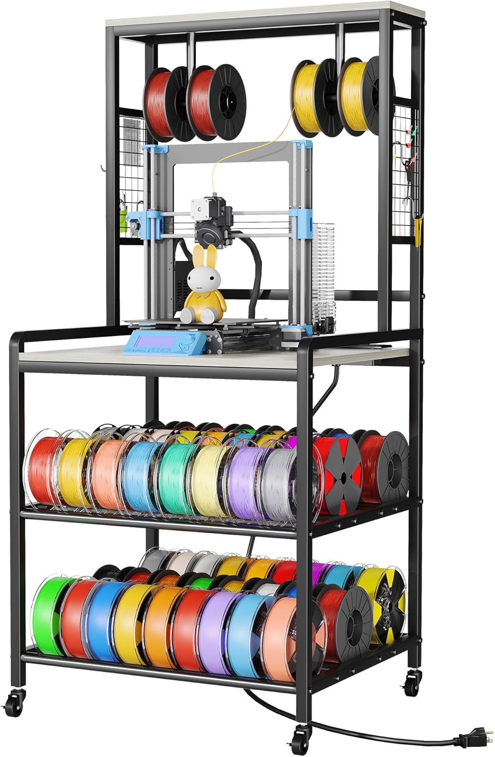 3D Printer Stand with Filament Storage, Heavy Duty 3D Printer Table with Charging Station, Rolling Printer Cart Filament Storage Rack for PLA, ABS, PETG for Workshop/Office/Garage (Gray)