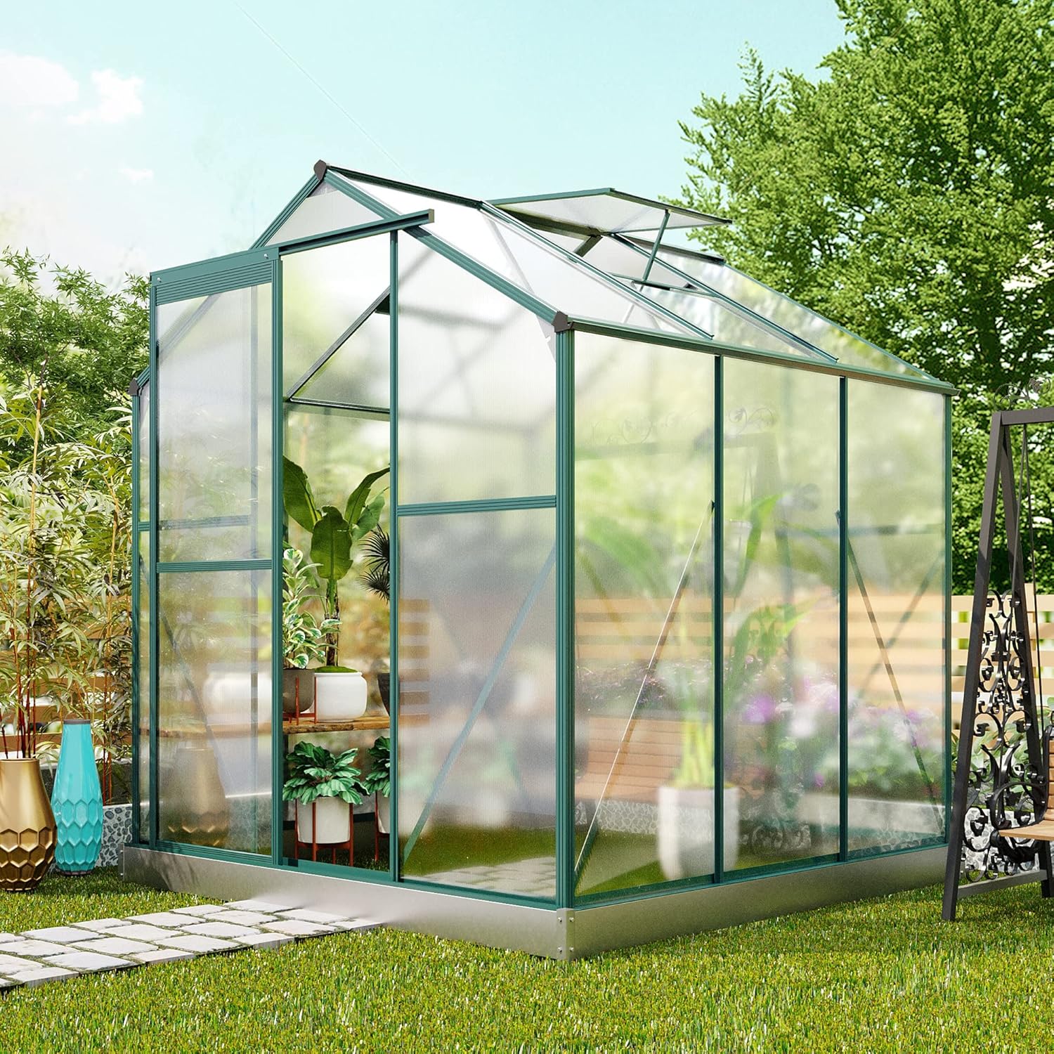 Upgraded Outdoor Patio Greenhouse, Walk-in Polycarbonate Greenhouse with 2 Windows and Base,Aluminum Hobby Greenhouse with Sliding Door for Garden, Backyard, Green (6.2ft Wx6.3ft D) ( )