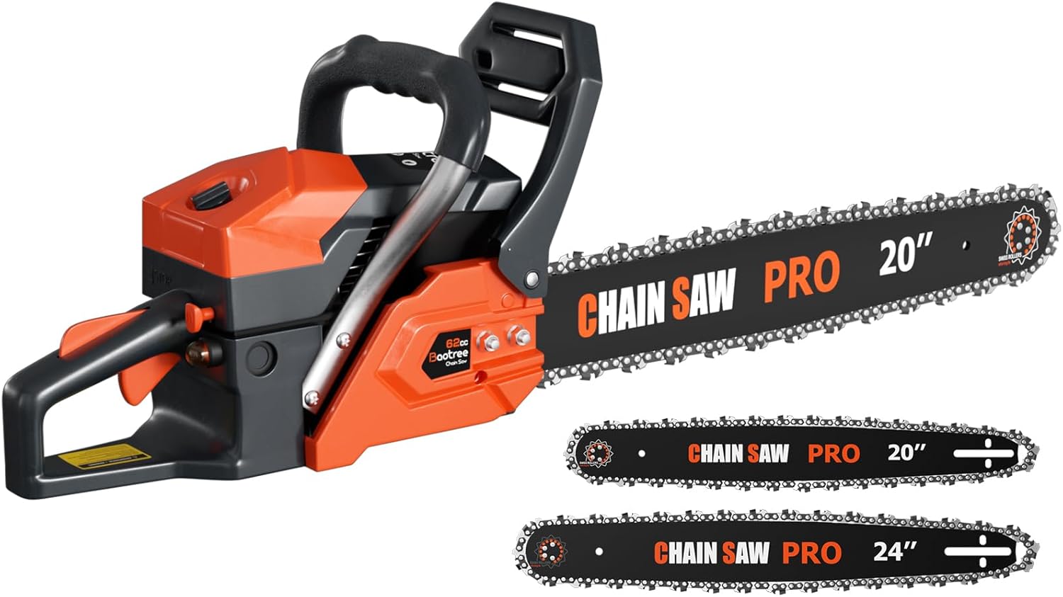 62cc Gas Chainsaw, 20 & 24 Inch Professional Chainsaw with 2-Cycle Engine & Anti-Vibration System, Quick Start Technology for Tree Cutting, Firewood, Logging (62CC 20in+24in)