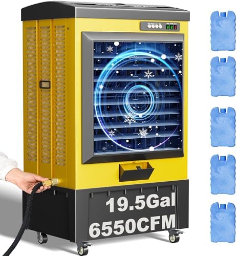 Swamp Cooler, 6550CFM Evaporative Air Coolers with 19.5 Gal Tank, Windowless Air Conditioner 3 Speeds for Outdoor Use, 49 Inch Air Cooler Water Fan for Patio, Garage, Shop, Commercial Yellow