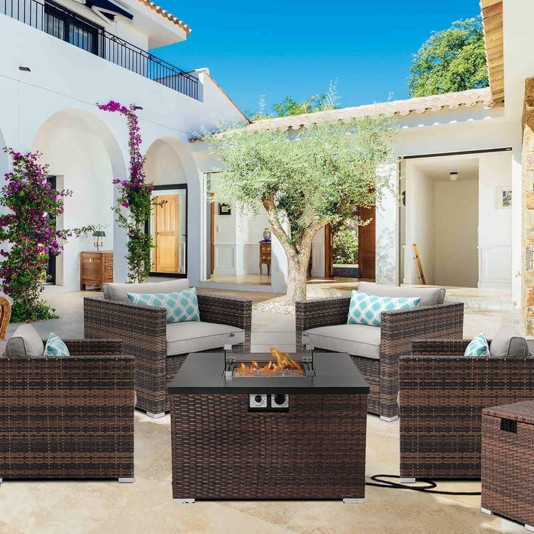 AQUILLA 6-Piece Patio Furniture, 32 inches 40000 BTU Square Wicker Fire Table w Wind Guard Glass for Garden