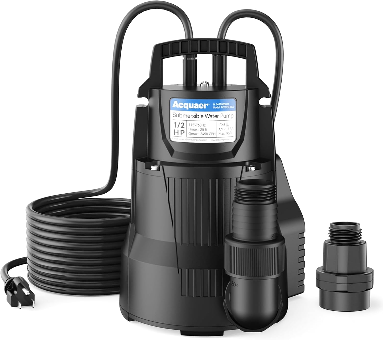 Acquaer 1/2 HP Automatic Sump Pump, 2450 GPH Submersible Water Pump with 3/4”Garden Hose Check Valve Adapter and 19ft Cord, Thermoplastic Utility Transfer Pump for Flooded Basement Pools Tub Draining