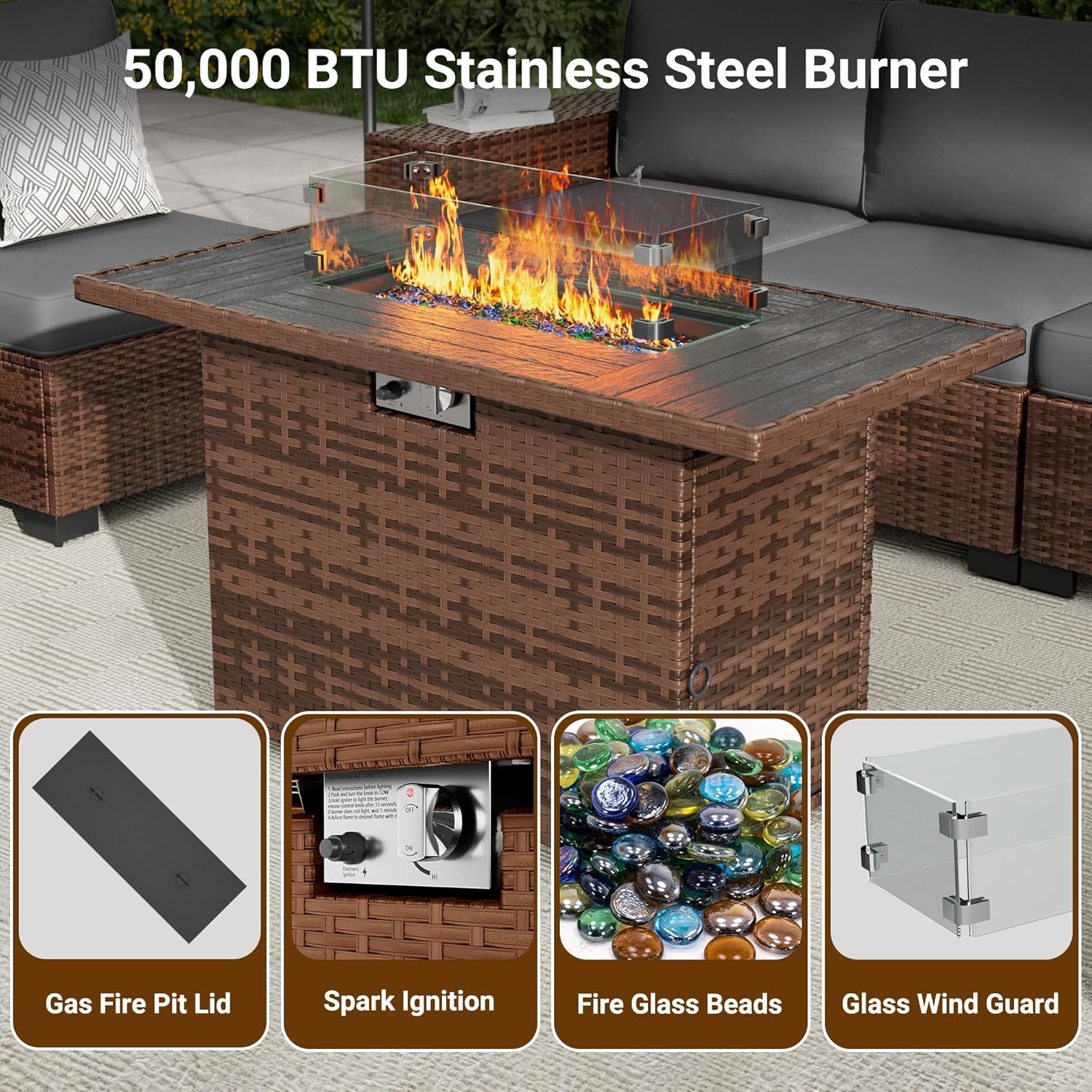 Patio Furniture Set with 44'' Propane Gas Firepit Table, 8 PCS Outdoor Sectional Conversation Sets with High Back, Grey (Waterproof Cover Included)