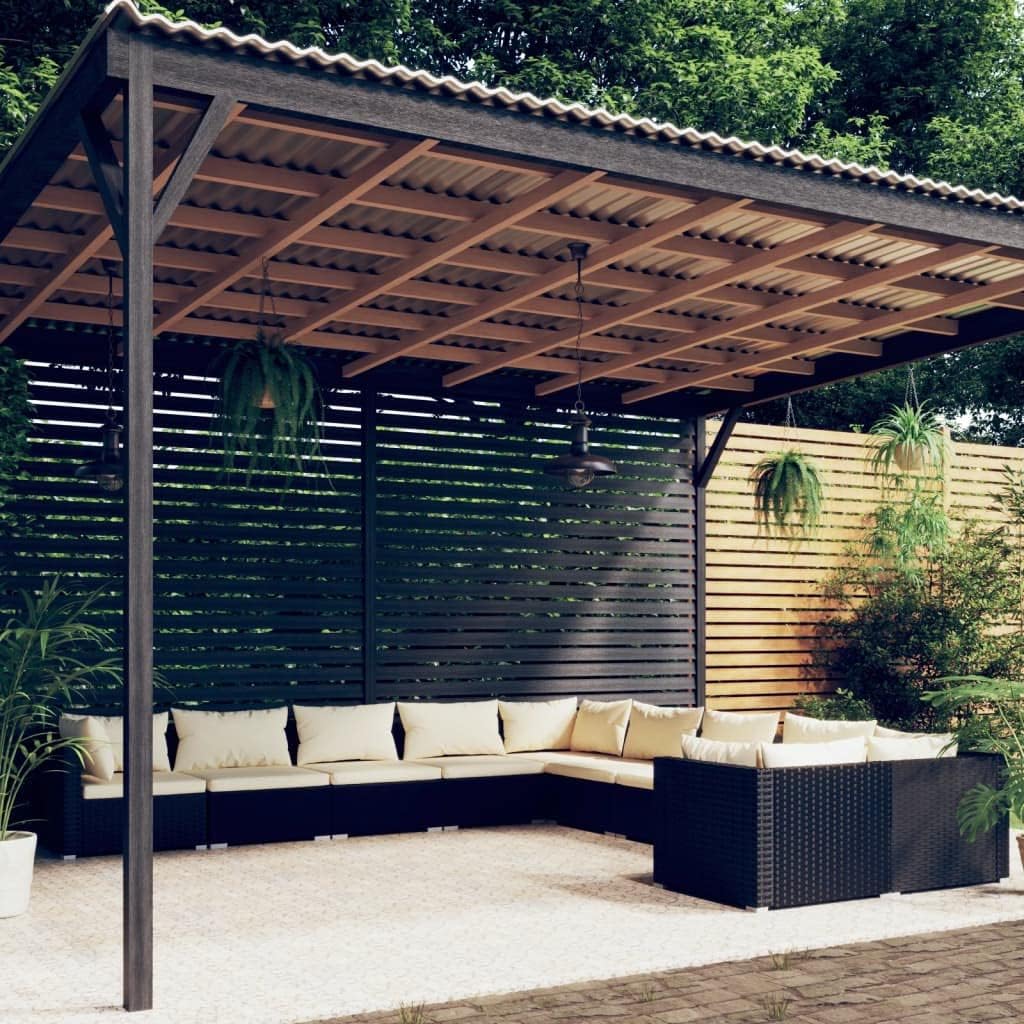 10 Piece Patio Lounge Set with Cushions Poly Rattan Black Garden Furniture