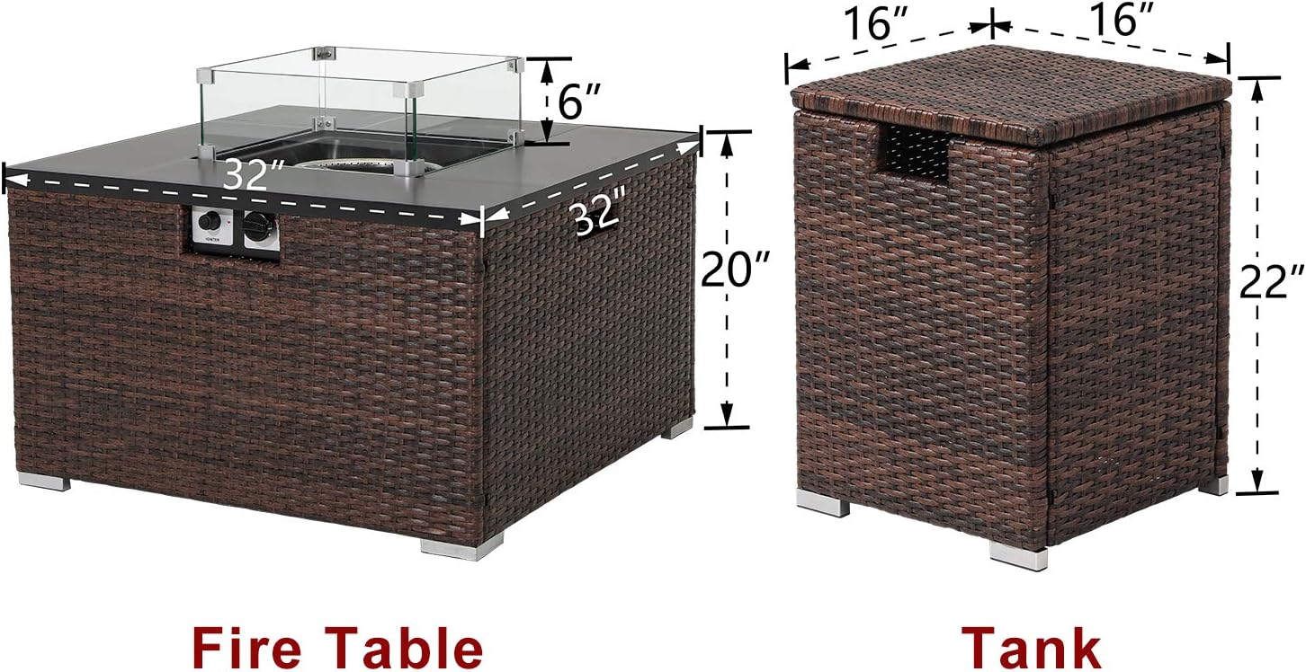 AQUILLA Outdoor Propane Burning Fire Pit w Tank Table, Dark Brown Rattan 40000 BTU, Free Lava Rocks, Waterproof Cover for Garden, Backyard, Poolside