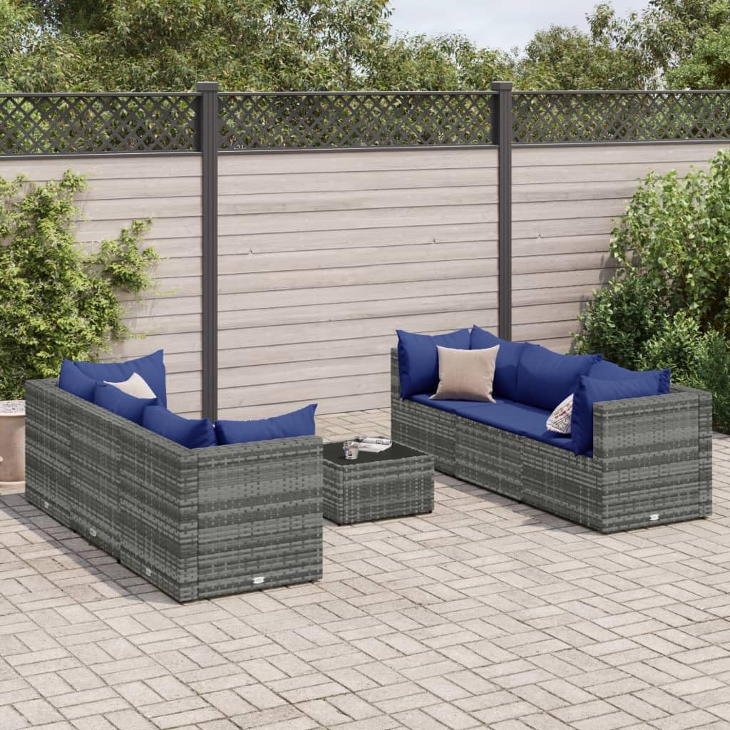7 Piece Patio Lounge Set with Cushions Gray Poly Rattan,Versatile Outdoor Patio Conversation Set with WeatherResistant PE Rattan and Glass Tabletop, 7 Pieces Patio Furniture Sets, Outdoor Furniture Se