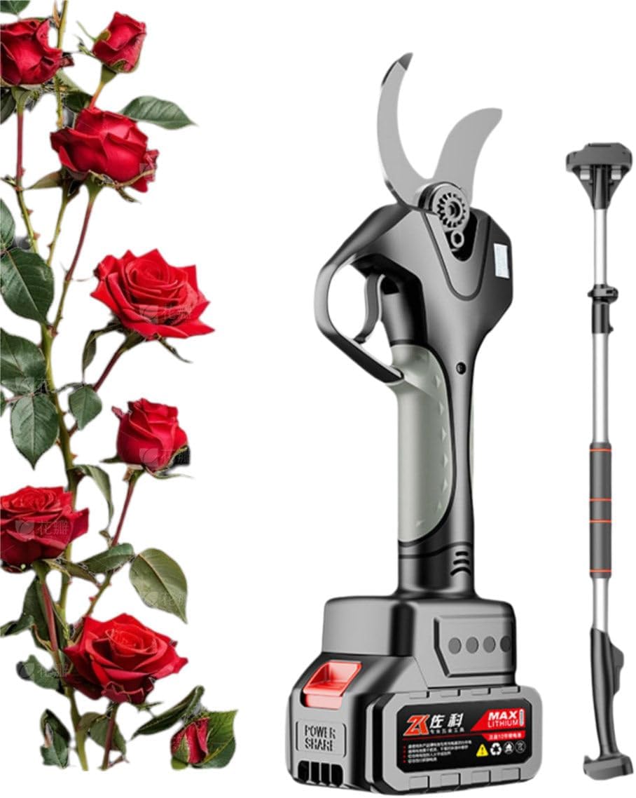 Electric Pruning Shears for Thick Branches, Battery Powered Pruning Shears, Power Scissors for Gardening, Knife Edge Adjustment 6cm, Digital Display Screen Silver-Opening6.0cm+2*Battery+ExtensionRod