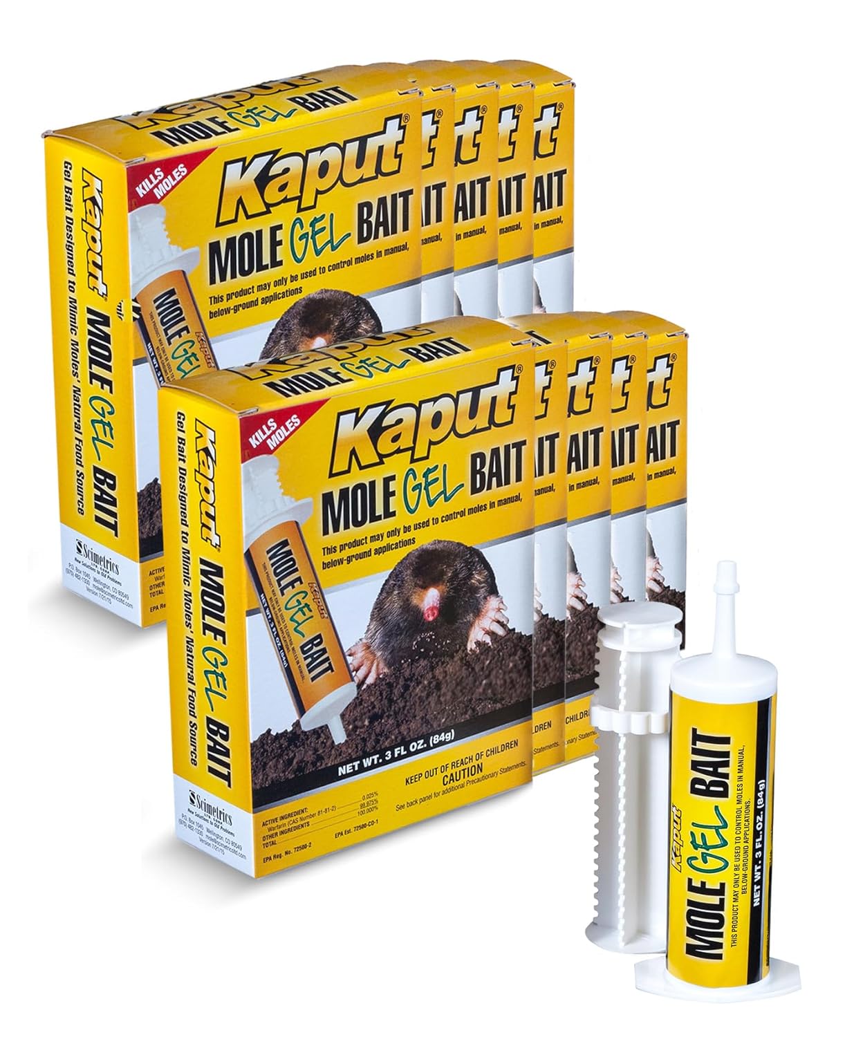 Kaput Mole Bait Gel, Ready-to-Use Warfarin Mole Killer for Lawns for Rodent Control, Direct Tunnel Injection, Effective Mole Removal, 0.025% Warfarin, Easy Application, 3 oz Tube (10 Pack)