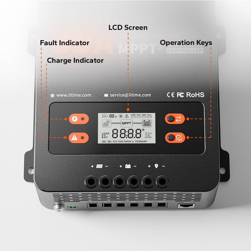 LiTime 60A MPPT Solar Charge Controller (No Build-in Bluetooth), 12V/24V/36V/48V Auto, Max PV Input 200VDC LCD Display Solar Panel Regulator for LiFePO4/Lead-acid Battery