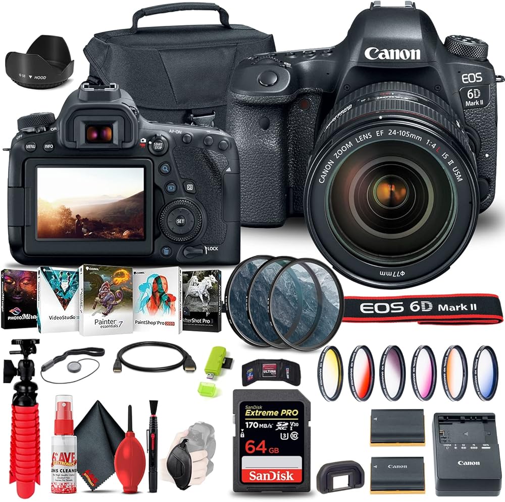 Canon EOS 6D Mark II DSLR Camera with 24-105mm f/4L II Lens (1897C009) + 64GB Memory Card + Color Filter Kit + Case + Filter Kit + Corel Photo Software + LPE6 Battery + Card Reader + More (Renewed)