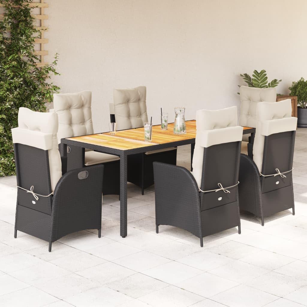 7 Piece Patio Dining Set with Cushions Black Poly Rattan,Outdoor Garden Dining Set with Reclining Chairs, Adjustable Backrests, and Washable Cushions Outdoor Furniture Sets, Patio Furniture
