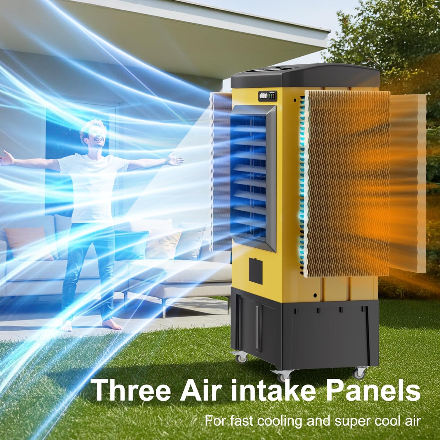 AKIRES 8980CFM Swamp Coolers,Evaporative Air Cooler for 1735Sq.ft of Space,with Continuous Auto Fill,36-Gal Water Tank,120°Oscillation,5 Ice Packs,Cooling Fan for Outdoor,Indoor Yellow(57IN)