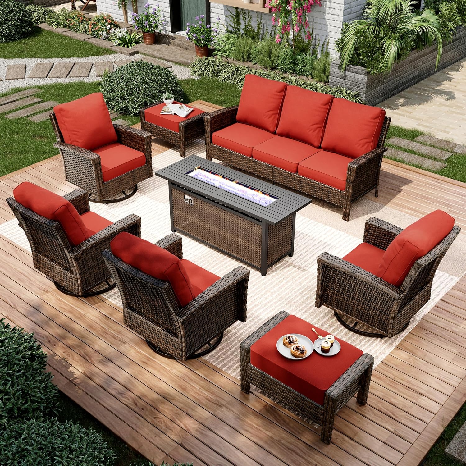 8-Piece Wicker Patio Furniture Set, Sectional Conversation Set with 2 x Swivel Chairs, 2 x Ottomans, 1 x 3-Seater Sofa, All-Weather Wicker Patio Conversation Set with 56