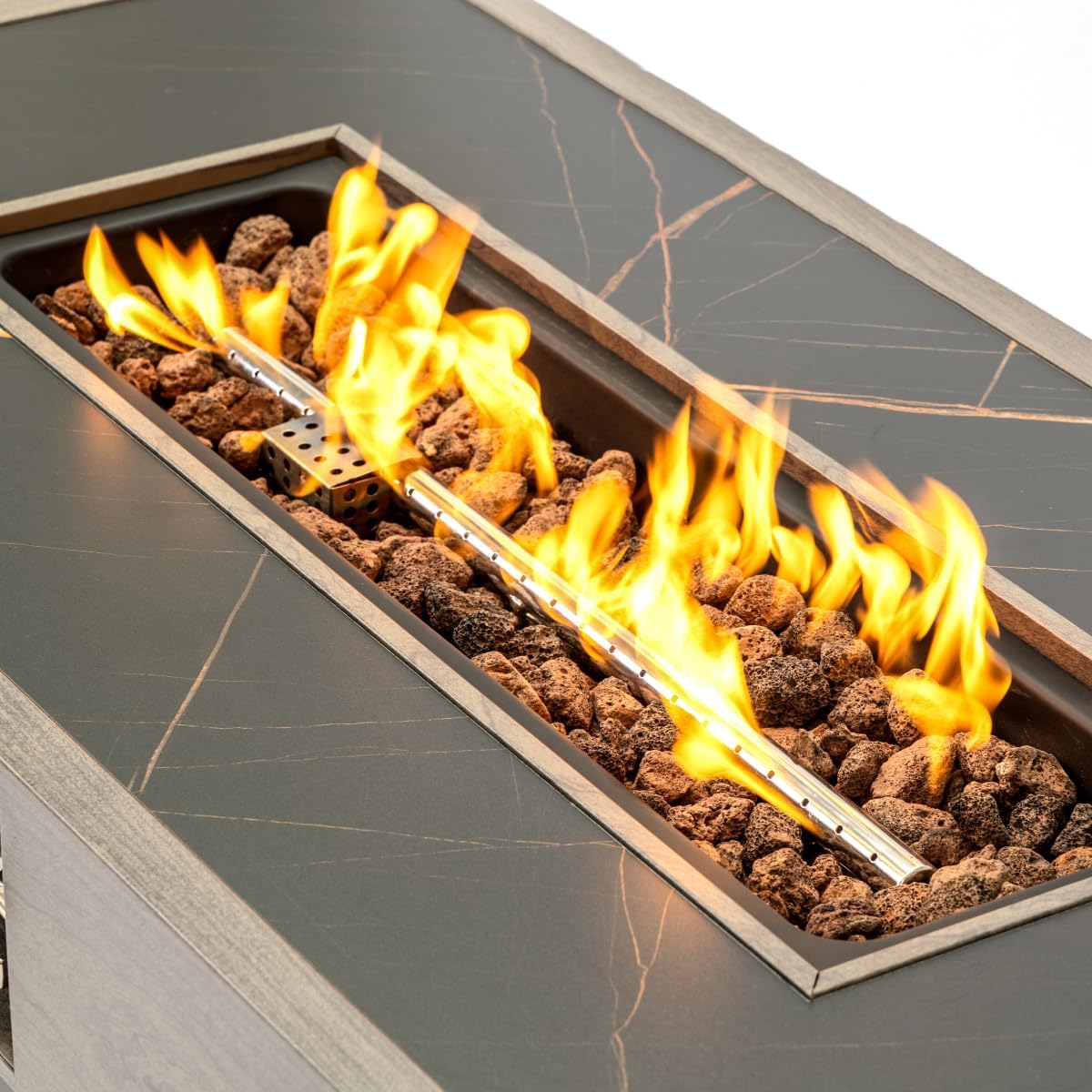 42-inch Iron Wood Burning Fire Pit Table, Outdoor Rectangular Fire Pit with Stone/Walnut Finish for Patio, Garden, Backyard - Grey