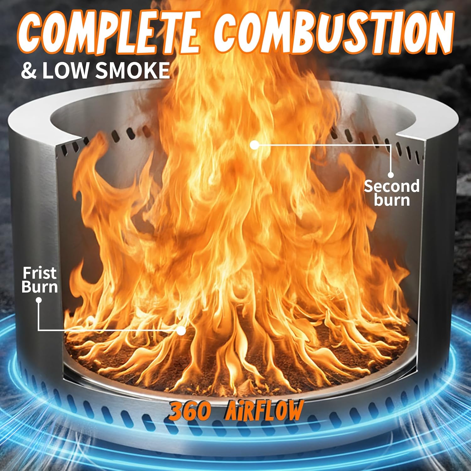 19.5 x 14.4 INCH Smokeless Fire Pits for Outside, AmazStove Large Outdoor Wood Burning Fire Pits, Thickened 304 Stainless Steel Firepits, Portable Fire Pit with Carrying Storage, Removable Ash Pan