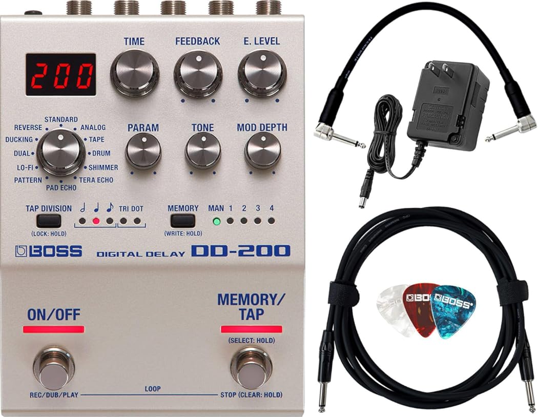 Boss DD-200 Digital Delay Bundle with Gearlux Power Supply, Instrument Cable, Patch Cable, and Picks