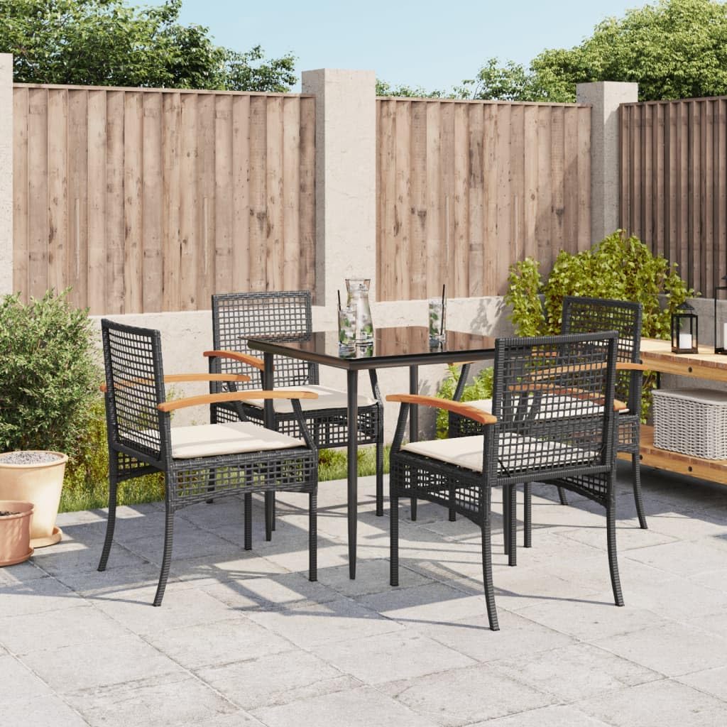 Furniture Sets 5 Piece Patio Dining Set with Cushions Black Poly Rattan,Premium Outdoor Dining Set with Rattan Chairs and Tempered Glass Table Garden Conversation Sets