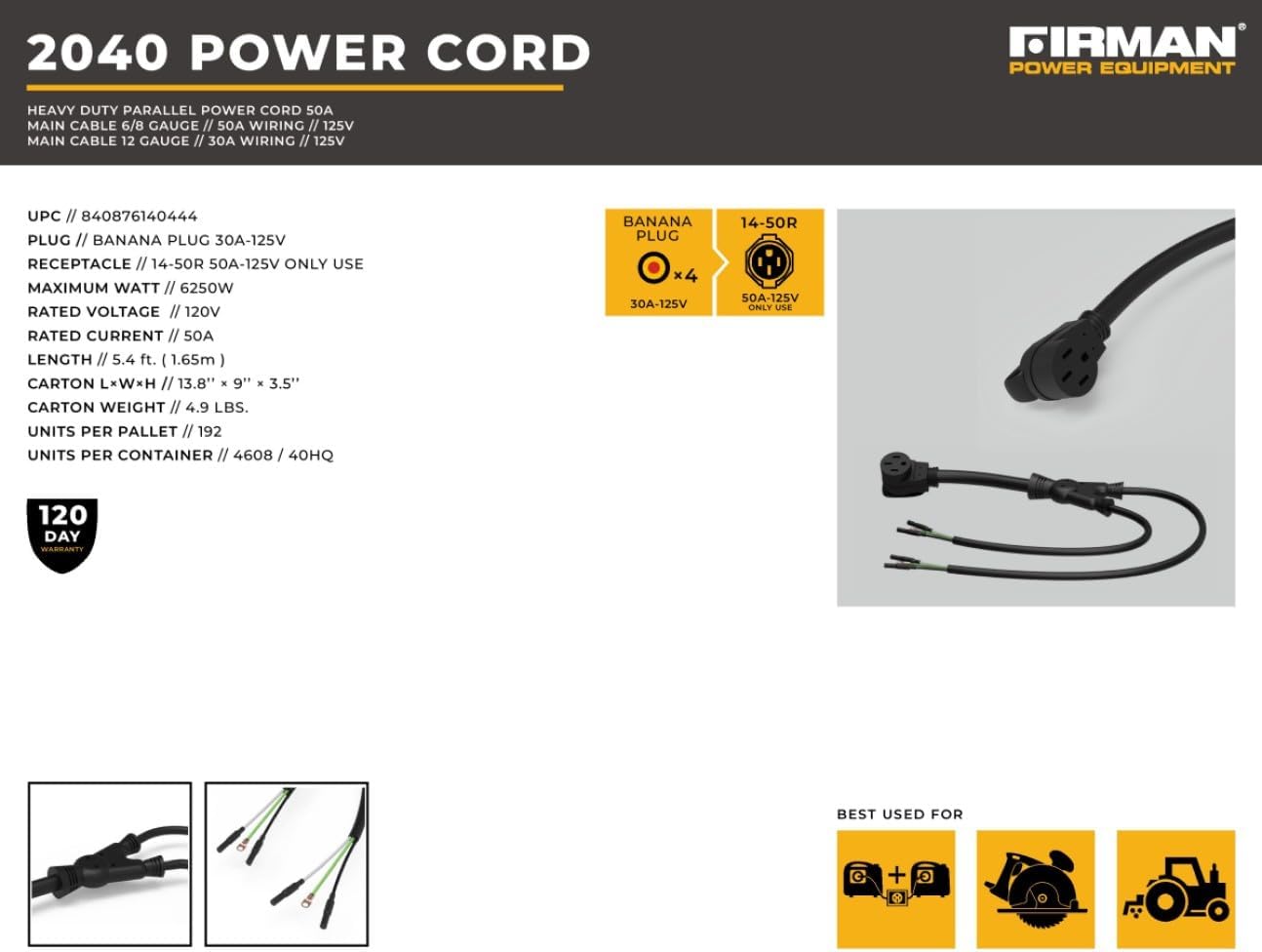 Firman 2040 50A Parallel Power Cord for FIRMAN Whisper Series Inverters – 50 Amp 120V Power Expansion Cable for Dual Inverter Setup, Up to 6000W