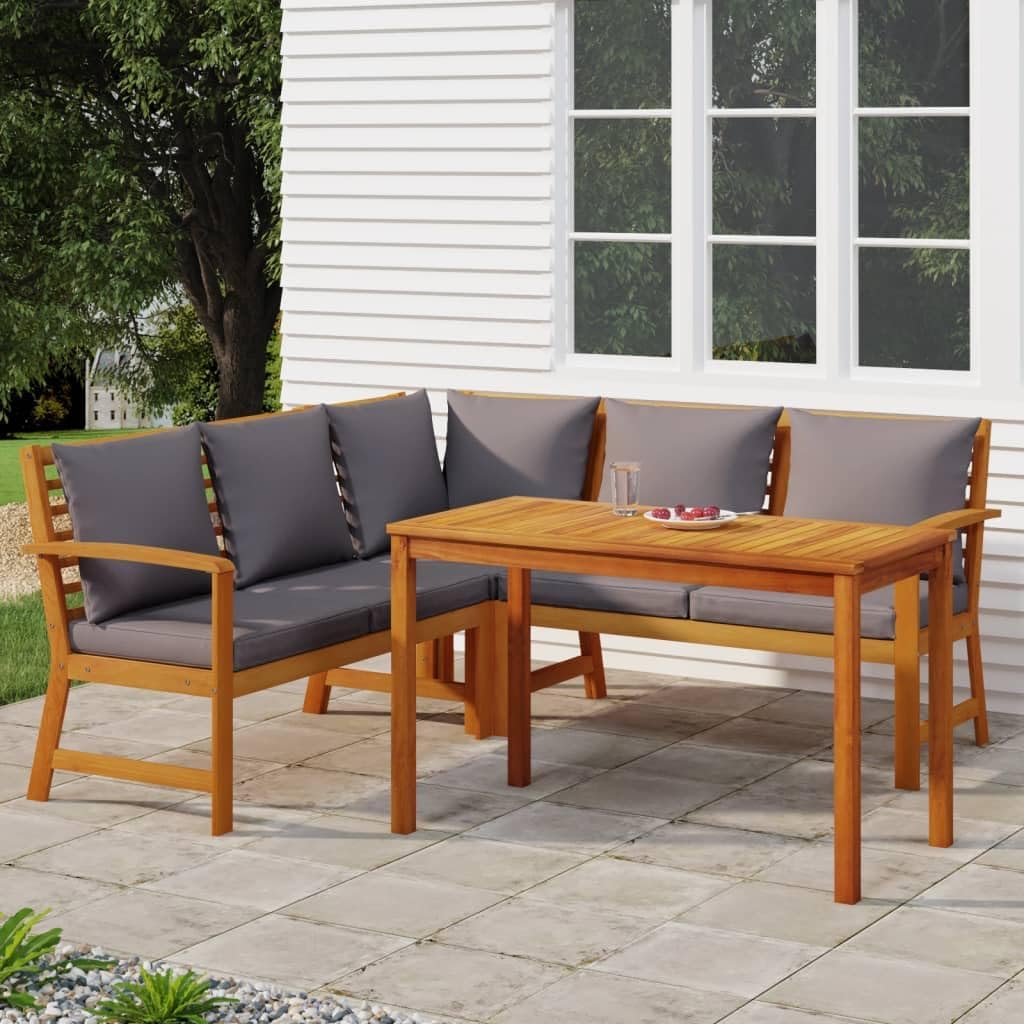 4-Piece Acacia Wood Patio Dining Set, Natural Finish & Dark Grey Cushions, Outdoor Table and Chairs for Garden, Balcony Furniture, Weather-Resistant