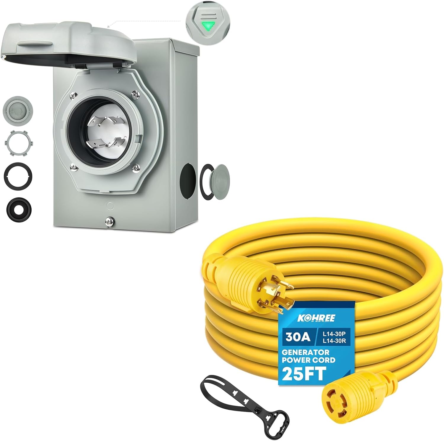 30 Amp Generator Extension Cord 25 FT + 30 Amp Generator Power Inlet Box
