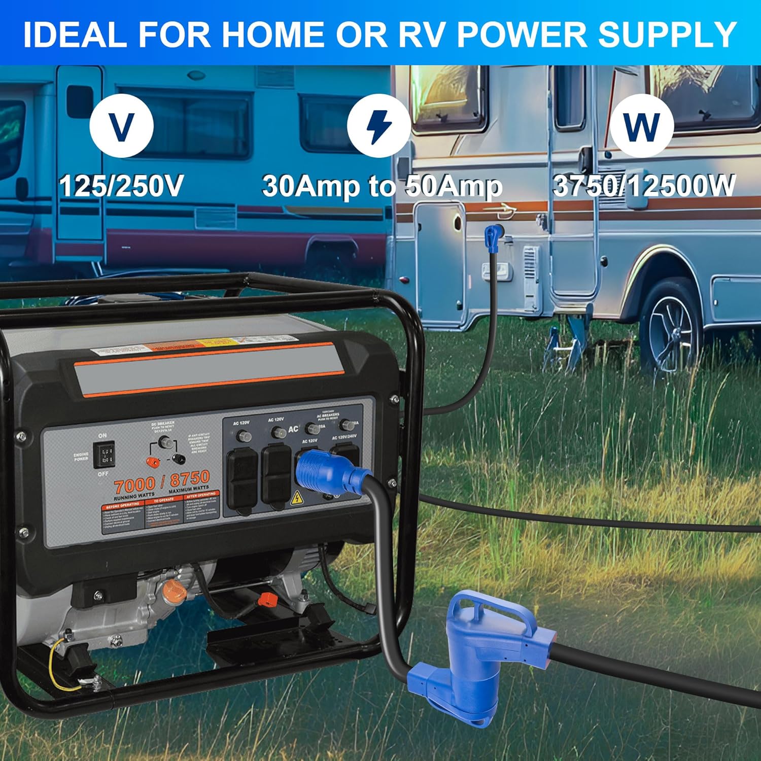 50 Amp RV Extension Cord 10 ft, NEMA 14-50P to SS2-50R Cable with Power Indicator& Polarity Lamp, 4 Prong 30A to 50A Generator Adapter Cord, NEMA L14-30P to 14-50R